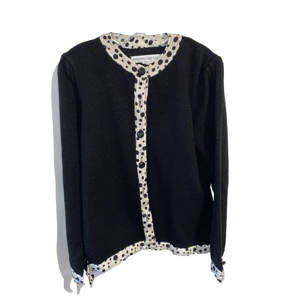 Anne Crimmins for Umi Collections Cardigan Blazer Size Medium Black Ivory Trim‎